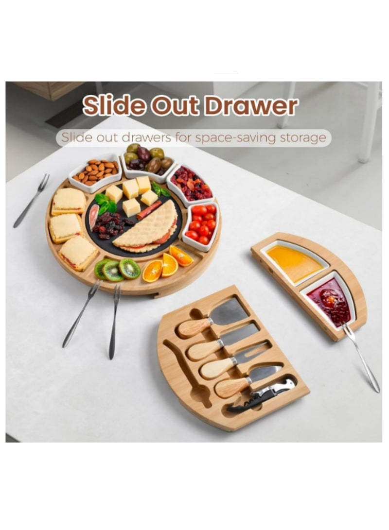 1PCS Bamboo Cheese Board Set, Round Charcuterie Board and Knife Set with Marble Plate and Ceramic Bowls, Serving Utensils and Cutlery, Cheese Tray for Wedding Gifts - Image 4