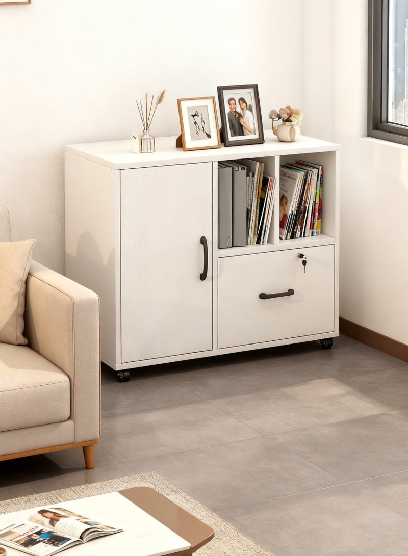 خزانة جانبية خشبية، خزانة تخزين عصرية، خزانة مستندات أرضية بعجلات، خزائن ملفات، خزانة مكتب بقفل، 70*39.5*65.5 سم (أبيض، WJG004) - Image 1