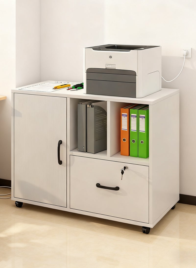 خزانة جانبية خشبية، خزانة تخزين عصرية، خزانة مستندات أرضية بعجلات، خزائن ملفات، خزانة مكتب بقفل، 70*39.5*65.5 سم (أبيض، WJG004) - Image 2