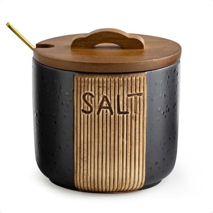 YHOJOY Salt Container for Countertop, Ceramic Salt Cellar with Lid & Spoon, Farmhouse Salt Bowl for Mother's Day, 10 OZ, Black - Image 1