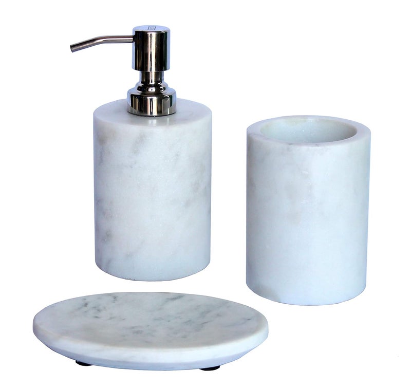 KLEO Marble Stone Bath Accessory Set Soap Dispenser Toothbrush Holder Soap Dish White Set of 3 - Image 1