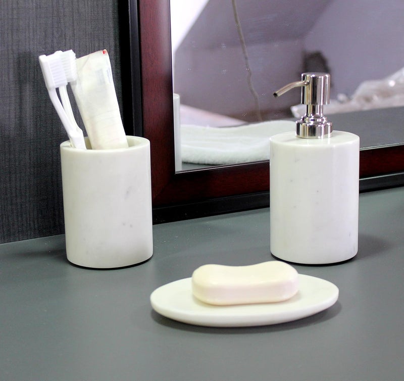 KLEO Marble Stone Bath Accessory Set Soap Dispenser Toothbrush Holder Soap Dish White Set of 3 - Image 2