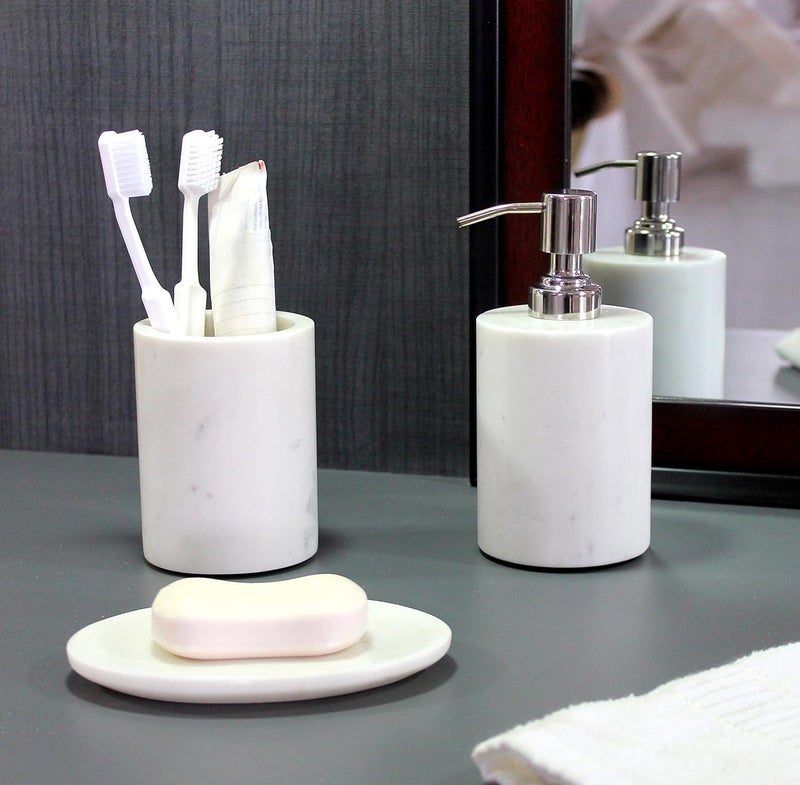 KLEO Marble Stone Bath Accessory Set Soap Dispenser Toothbrush Holder Soap Dish White Set of 3 - Image 4