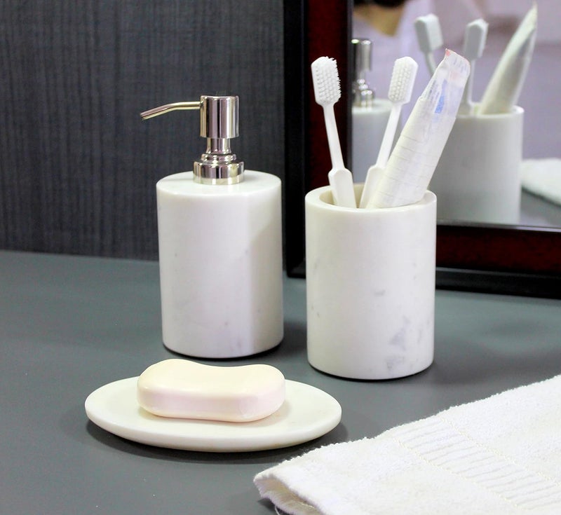 KLEO Marble Stone Bath Accessory Set Soap Dispenser Toothbrush Holder Soap Dish White Set of 3 - Image 3