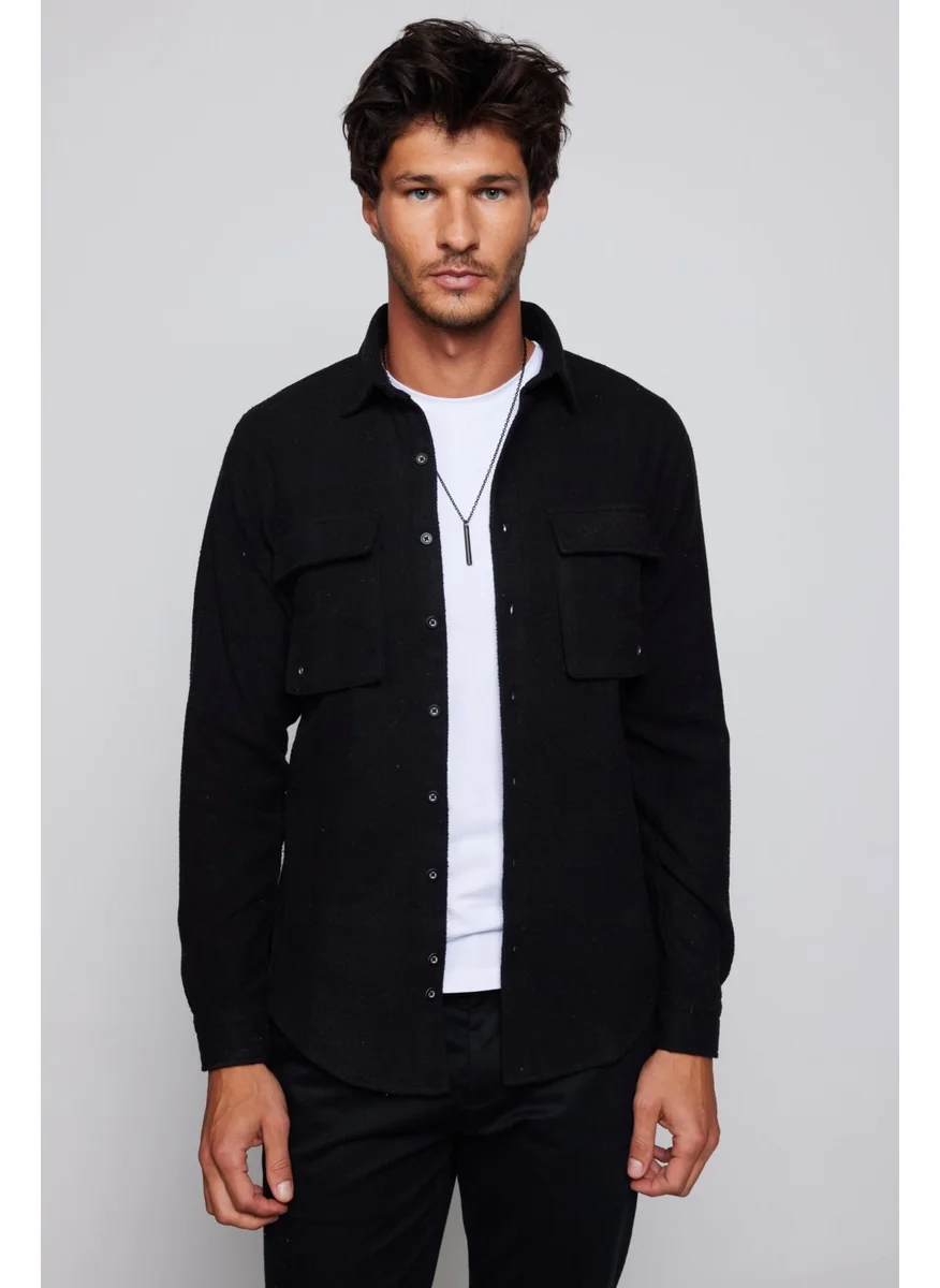 Tudors Slim Fit Slim Fit Flap Double Pocket Plain Lumberjack Black Men's Shirt