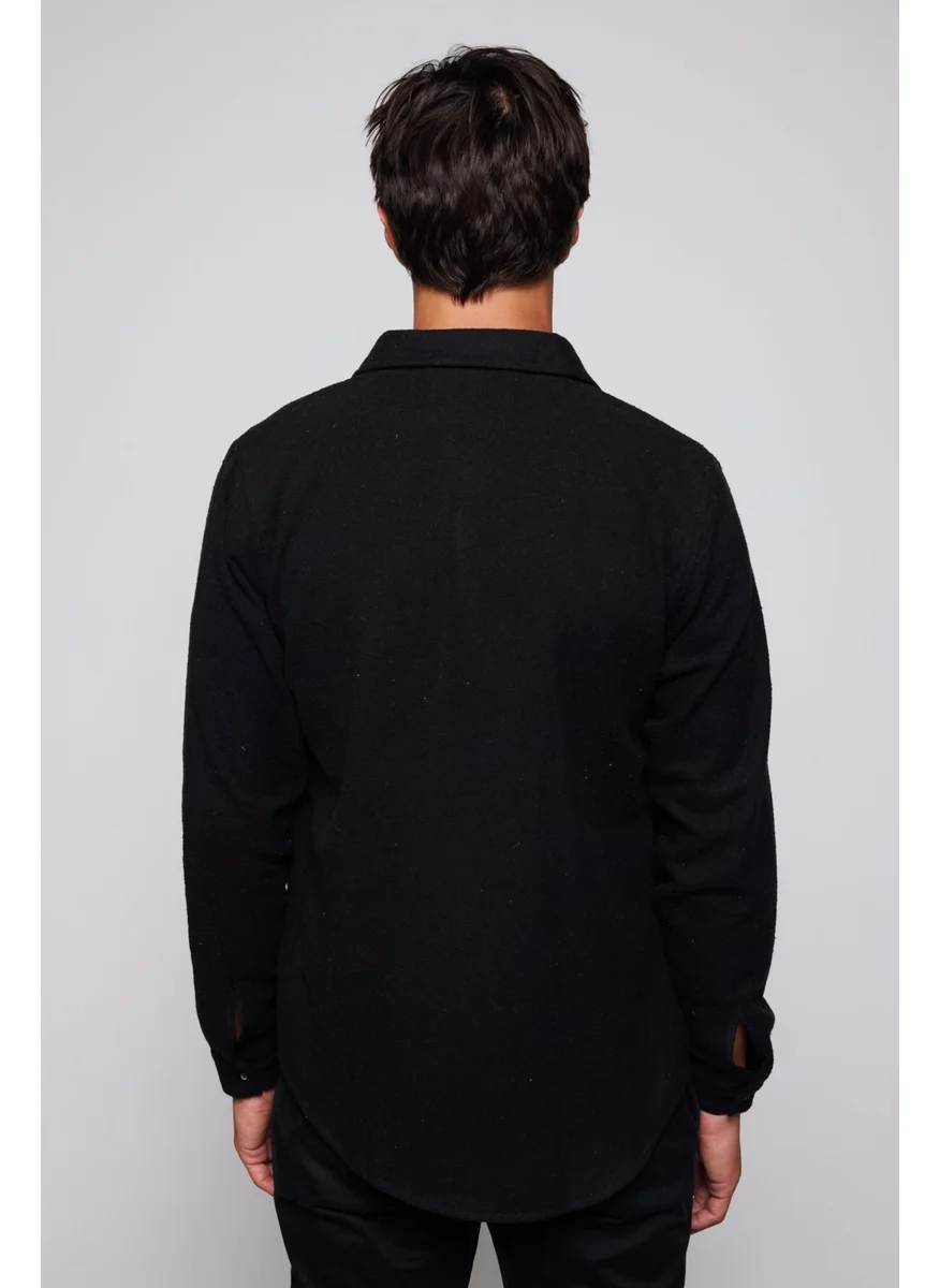 Tudors Slim Fit Slim Fit Flap Double Pocket Plain Lumberjack Black Men's Shirt