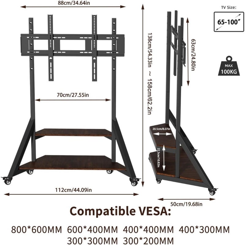 Floor TV Stand with Mount: Black TV Stand 2 Tier for 65-100 inch TV Table with Open Storage Floor TV Screen Holder Holds up to 100KG Max VESA 800x600MM - Image 2