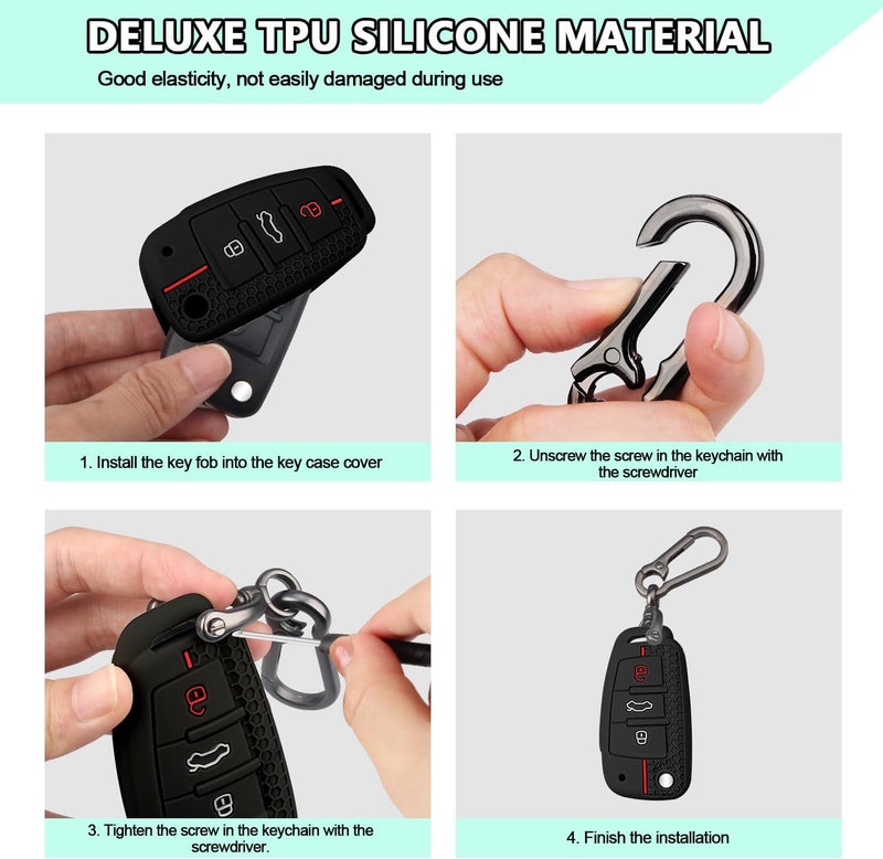 FT FUNTOR Car Key Cover for Audi with Keychain - 3 Button Silicone Key Case (Black Red) - Image 5