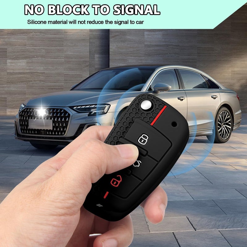 FT FUNTOR Car Key Cover for Audi with Keychain - 3 Button Silicone Key Case (Black Red) - Image 3