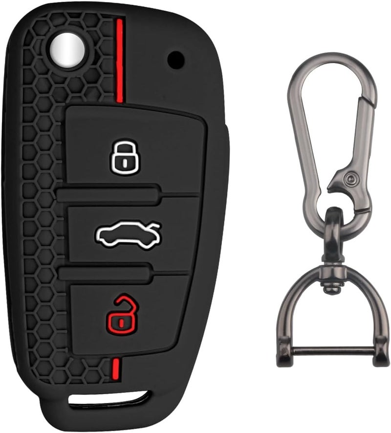 FT FUNTOR Car Key Cover for Audi with Keychain - 3 Button Silicone Key Case (Black Red) - Image 1