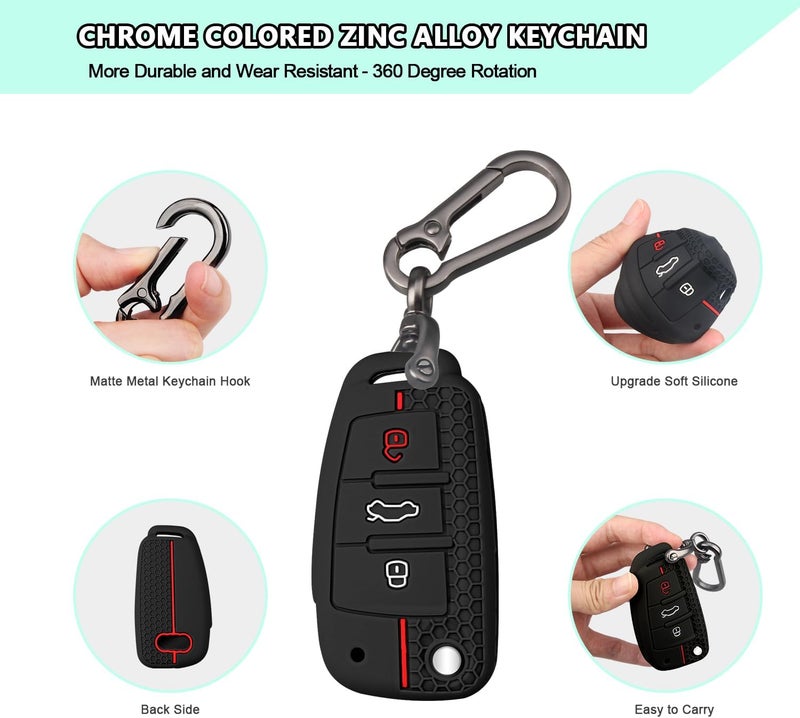 FT FUNTOR Car Key Cover for Audi with Keychain - 3 Button Silicone Key Case (Black Red) - Image 4
