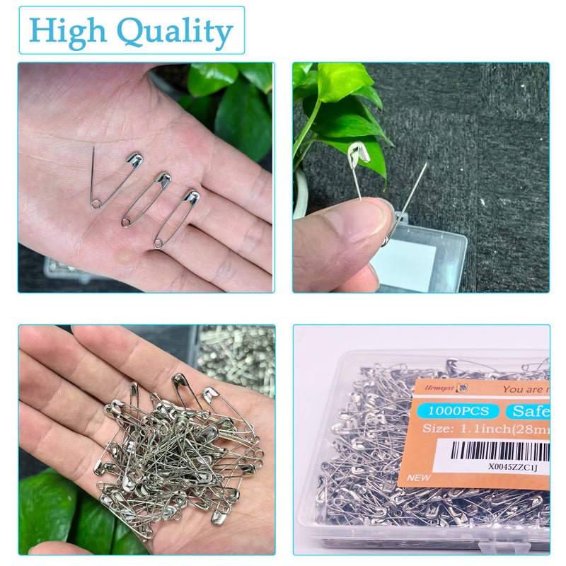 Urmspst Safety Pins, 1000PCS-1.1Inch Small Safety Pins, Rust-Resistant Nickel Plated Steel, Sharp Edge Safety Pin for Clothes, Sewing, Arts & Craft, 28mm Decorative Safety Pins (Silver), UR-28 - Image 3
