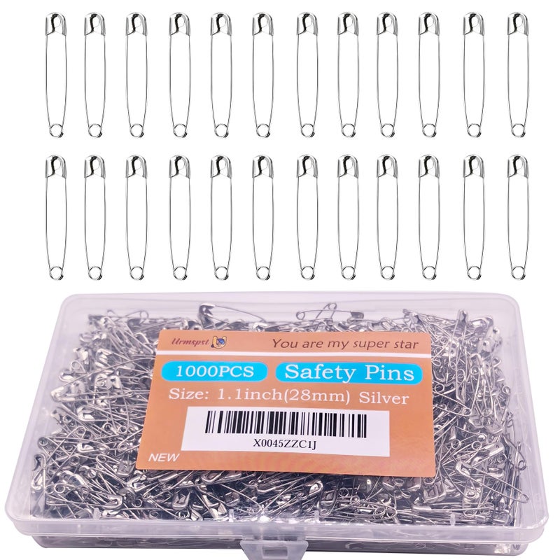 Urmspst Safety Pins, 1000PCS-1.1Inch Small Safety Pins, Rust-Resistant Nickel Plated Steel, Sharp Edge Safety Pin for Clothes, Sewing, Arts & Craft, 28mm Decorative Safety Pins (Silver), UR-28 - Image 1