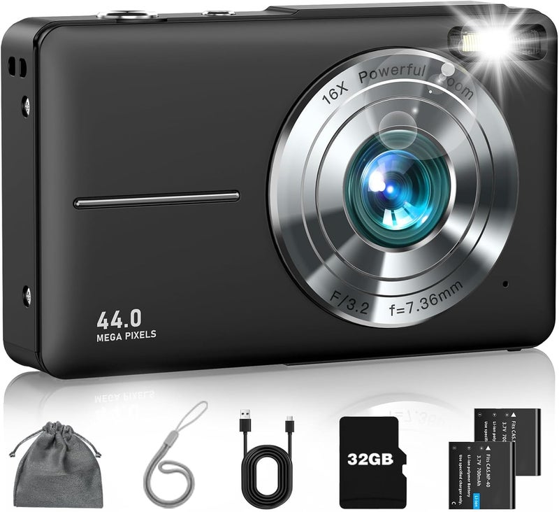 Lecran Digital Camera, FHD 1080P Point and Shoot Camera with 16X Zoom Anti Shake 32GB Card, Compact Small Video Camera Gift for Kids Teens Starter Boys Girls(Deep Black) - Image 1