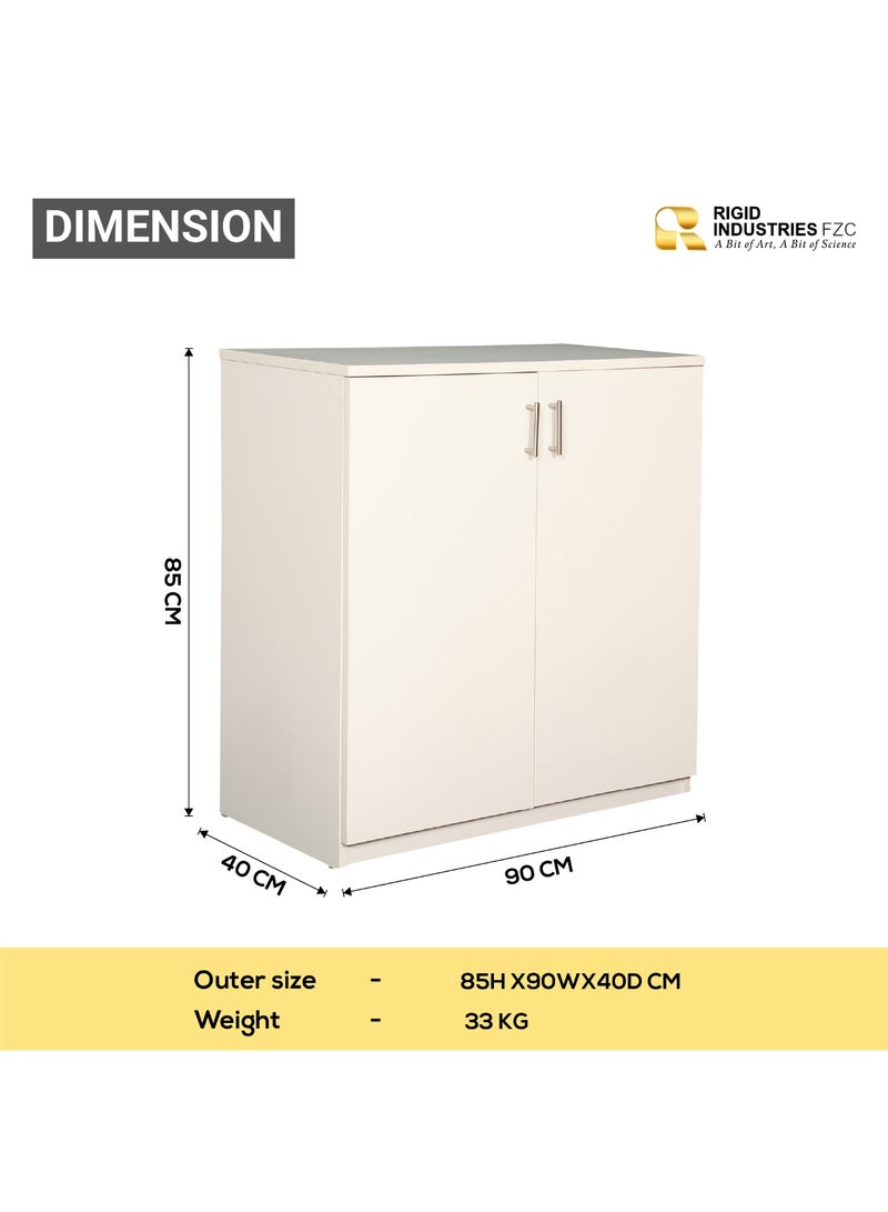 RIGID Low Height Cupboard Small Wooden Storage Cabinet for Home, Office, Living Room White Organizer with Shelves – Knock-Down Condition (40D x 90W x 85H CM) - Image 2