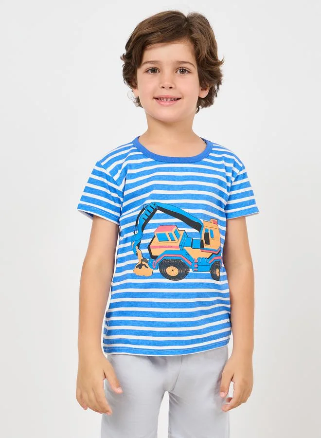 ستايلي Construction Vehicle Cartoon Print Striped T-shirt and Short Set