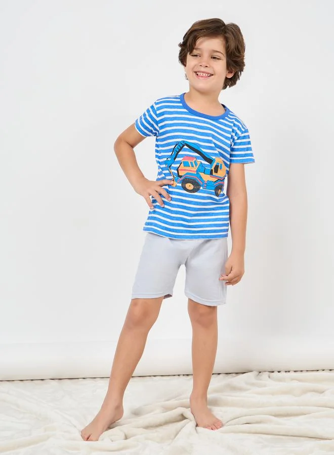 ستايلي Construction Vehicle Cartoon Print Striped T-shirt and Short Set