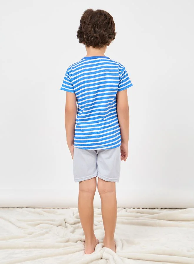 ستايلي Construction Vehicle Cartoon Print Striped T-shirt and Short Set