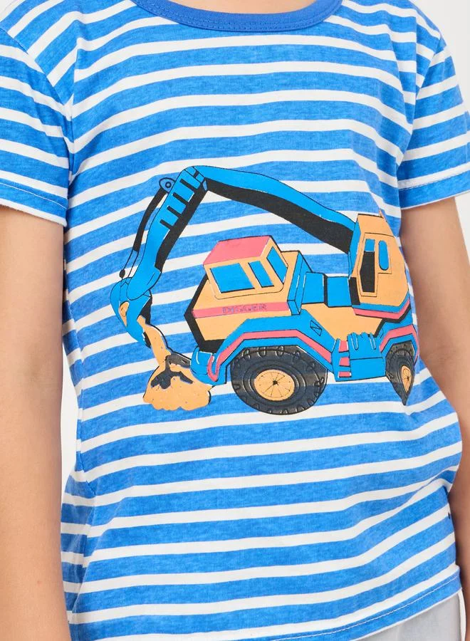 ستايلي Construction Vehicle Cartoon Print Striped T-shirt and Short Set