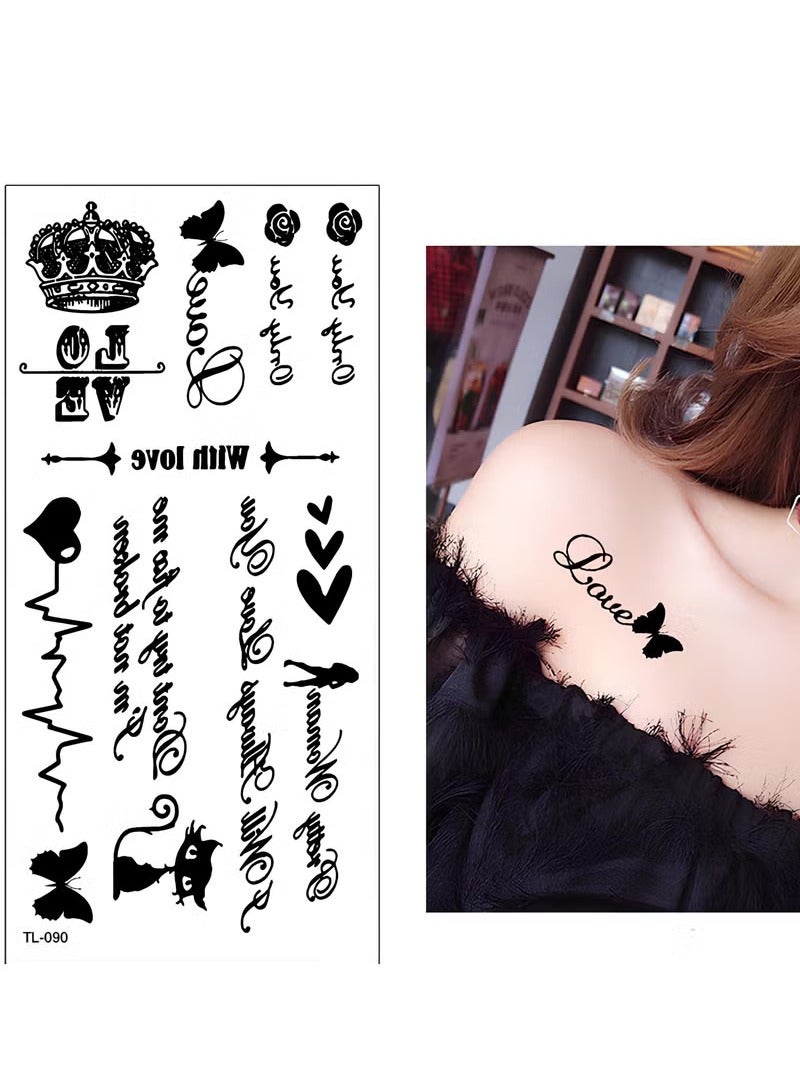 2-Pieces Letter Crown Butterfly Heart Design Waterproof Temporary Tattoo Sticker Black - Image 3
