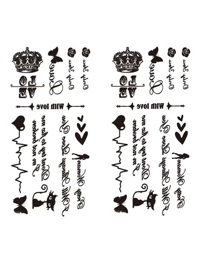 2-Pieces Letter Crown Butterfly Heart Design Waterproof Temporary Tattoo Sticker Black - Image 1