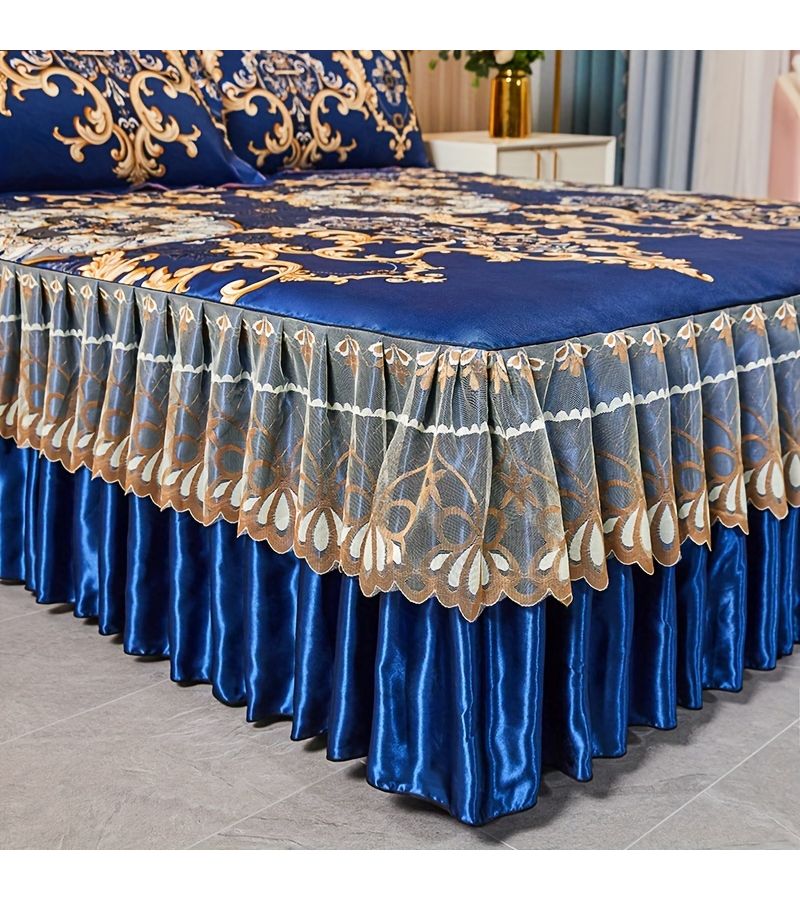 King Size 77.95 Inch By 79.92 Inch Blue Jacquard Full Lace Hem Bed Skirt With Pillowcases Soft Comfortable Folding Machine Washable Mattress Cover Bedroom Guest Room Bedding - Image 1
