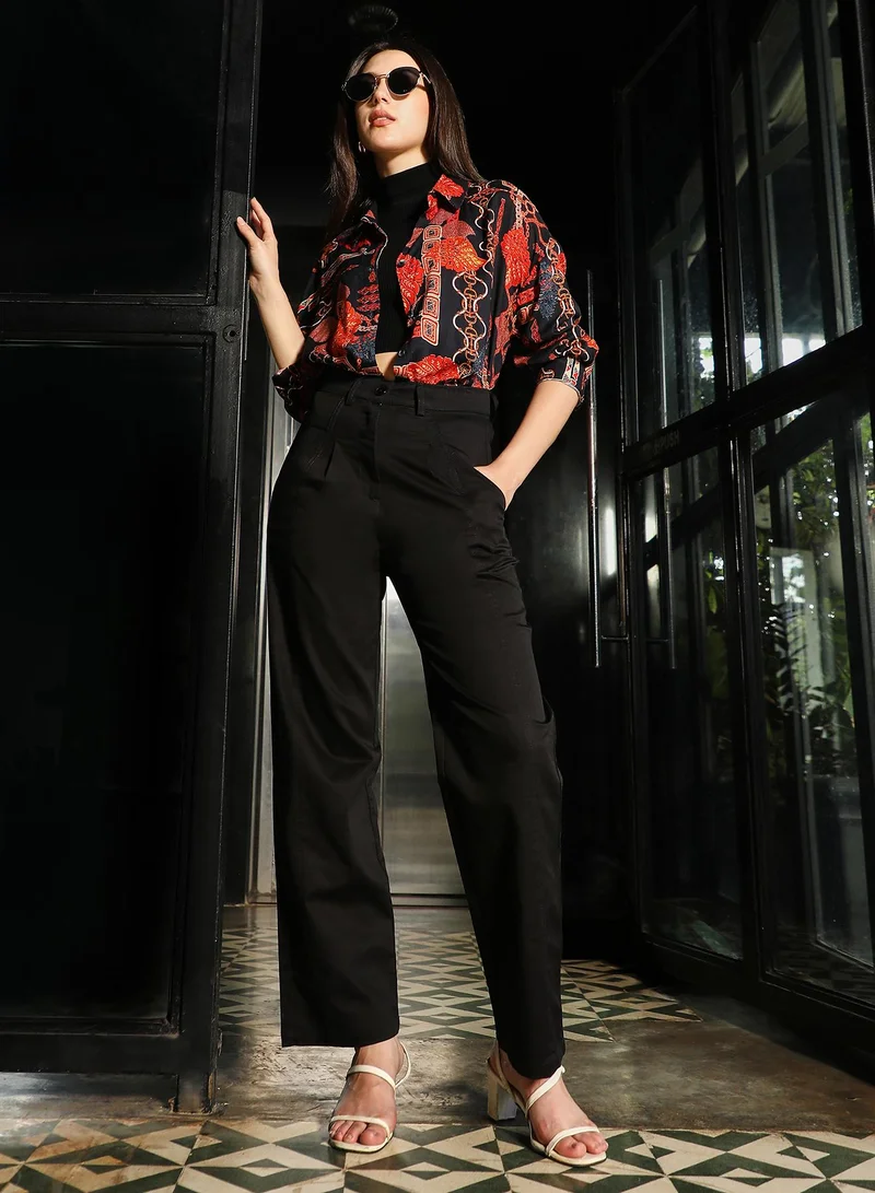 Pinacolada  Women's Pleated-Panel Straight-Fit Trousers | Mid-Rise , Straight-Band , Straight Hem, Button Closure | Solid Plain Woven Trousers For Casual & Daily Wear | Onyx Black for Women | Best Price UAE