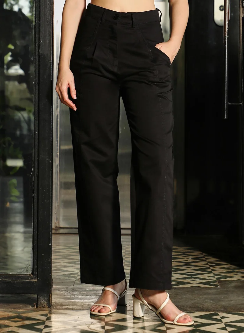 PINACOLADA Women's Pleated-Panel Straight-Fit Trousers | Mid-Rise , Straight-Band , Straight Hem, Button Closure | Solid Plain Woven Trousers For Casual & Daily Wear | Onyx Black