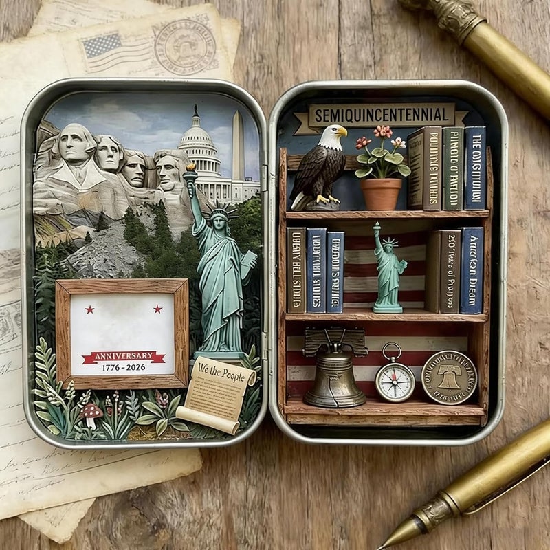 Keepsake Box | Metal 2D Patriotic Scene Desk Decor,1776-2026 Commemorative Memory Box,for Home Bedroom Living Room Study Office School Desk Table Shelf Party Holiday - Image 3