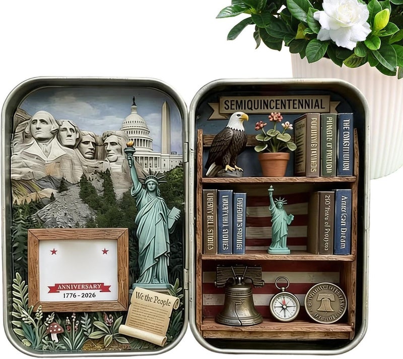 Keepsake Box | Metal 2D Patriotic Scene Desk Decor,1776-2026 Commemorative Memory Box,for Home Bedroom Living Room Study Office School Desk Table Shelf Party Holiday - Image 1