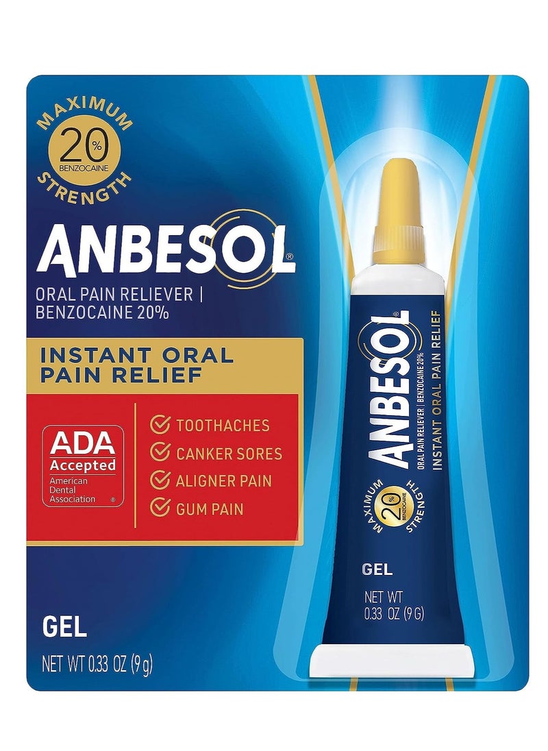 Anbesol - Anbesol Maximum Strength Oral Pain Relief Gel, Instant Pain Relief For Toothache Pain, Canker Sores, Sore Gums, Mouth Sores, Denture Pain, and Aligner Pain, ADA Accepted, 0.33 oz (packaging may vary) - Image 1