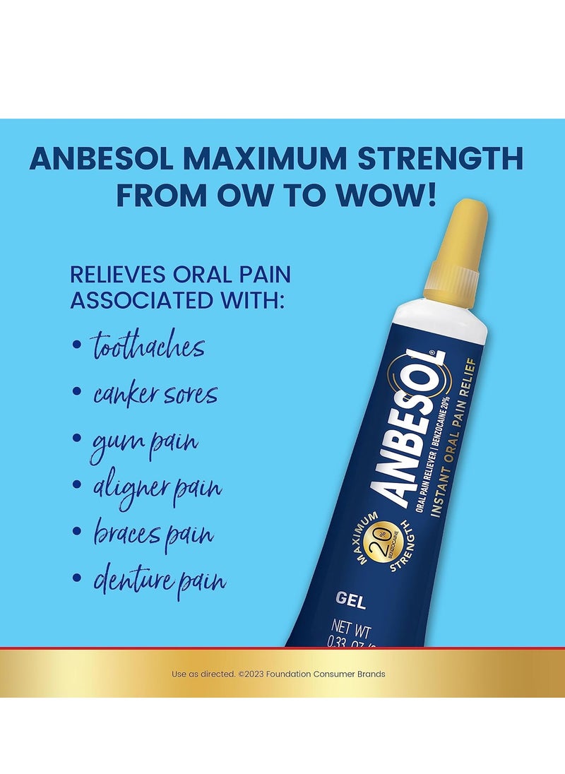 Anbesol - Anbesol Maximum Strength Oral Pain Relief Gel, Instant Pain Relief For Toothache Pain, Canker Sores, Sore Gums, Mouth Sores, Denture Pain, and Aligner Pain, ADA Accepted, 0.33 oz (packaging may vary) - Image 1