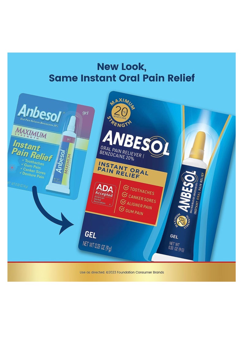 Anbesol - Anbesol Maximum Strength Oral Pain Relief Gel, Instant Pain Relief For Toothache Pain, Canker Sores, Sore Gums, Mouth Sores, Denture Pain, and Aligner Pain, ADA Accepted, 0.33 oz (packaging may vary) - Image 1