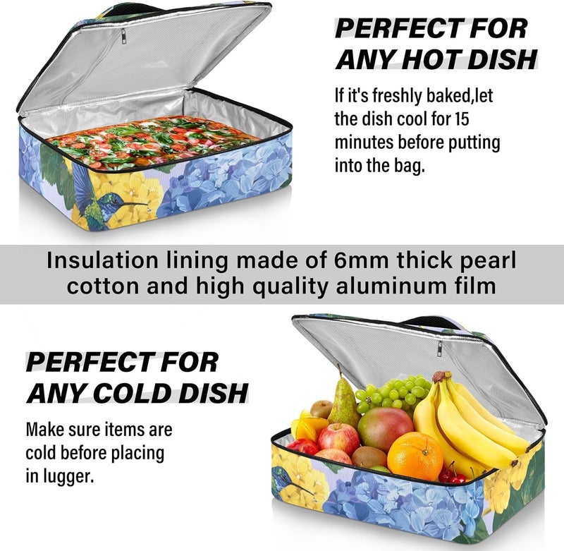ElliTarr Casserole Carrier Insulated Casserole Dish Carrier Thermal Food Warmer Bag Lasagna Holder Lugger Tote Potluck Containers for Travel Picnic Party Blue Hydrangeas Hummingbirds - Image 5