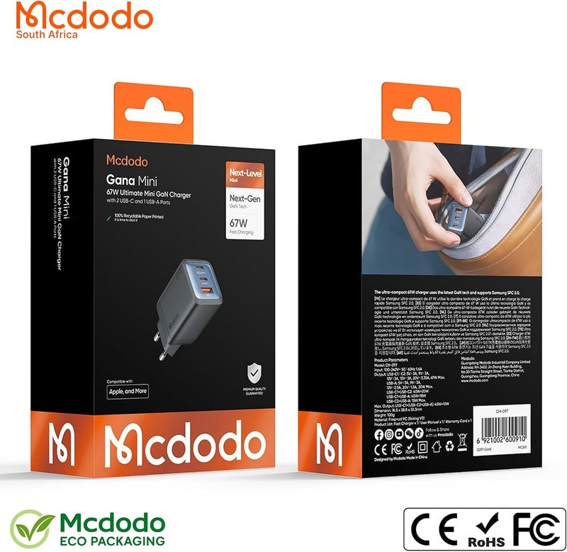 Mcdodo Gana Series 0970 67W GaN Charger  Portable 3 Port Fast Charging Solution with USB C & USB A - Image 5