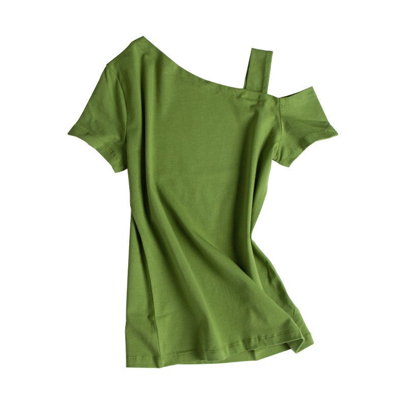2021 White Cotton Short Sleeve T-Shirt Womens Crossbody Pullover Tight Fit Korean Style Off-The-Shoulder Base Layer Top Womens Avocado Green  - Image 1