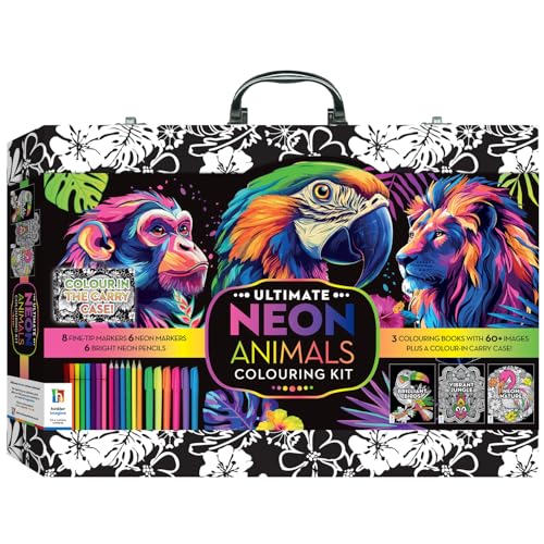 Hinkler Neon Colouring Suitcase Kit, Arts and Crafts Set with 3 Painting Books, 6 Neoncolor Pencils, 6 Neoncolor Markers, 8 Fine Tip Markers, Art and Activity Set, Drawing and Painting Activity for Kids, Neon Colouring Case, Animals Art, Perfect For Gifting, Ages 8-12 Years - Image 1