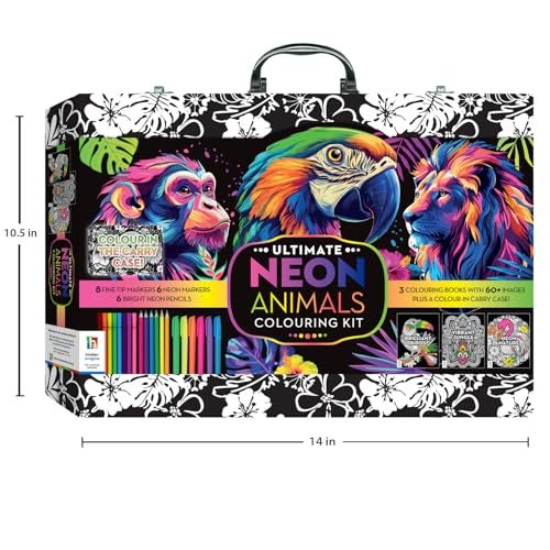 Hinkler Neon Colouring Suitcase Kit, Arts and Crafts Set with 3 Painting Books, 6 Neoncolor Pencils, 6 Neoncolor Markers, 8 Fine Tip Markers, Art and Activity Set, Drawing and Painting Activity for Kids, Neon Colouring Case, Animals Art, Perfect For Gifting, Ages 8-12 Years - Image 4