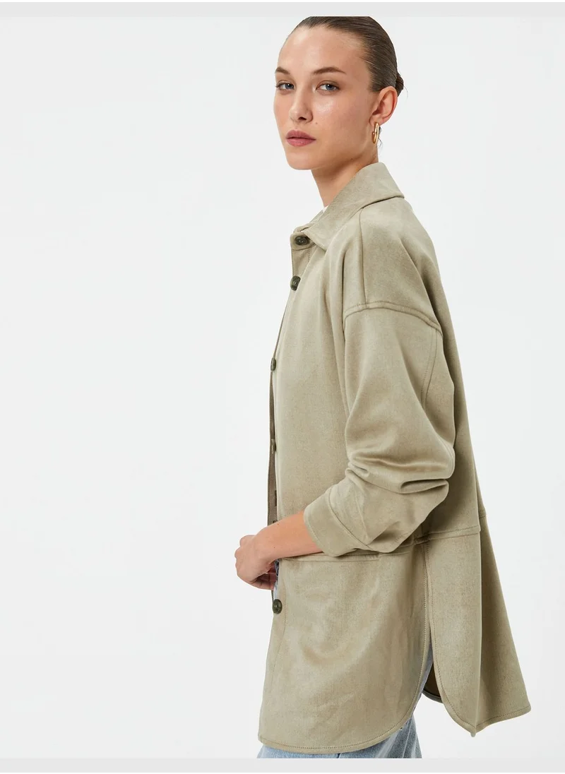 كوتون Shirt Neck Buttoned Suede Look Jacket