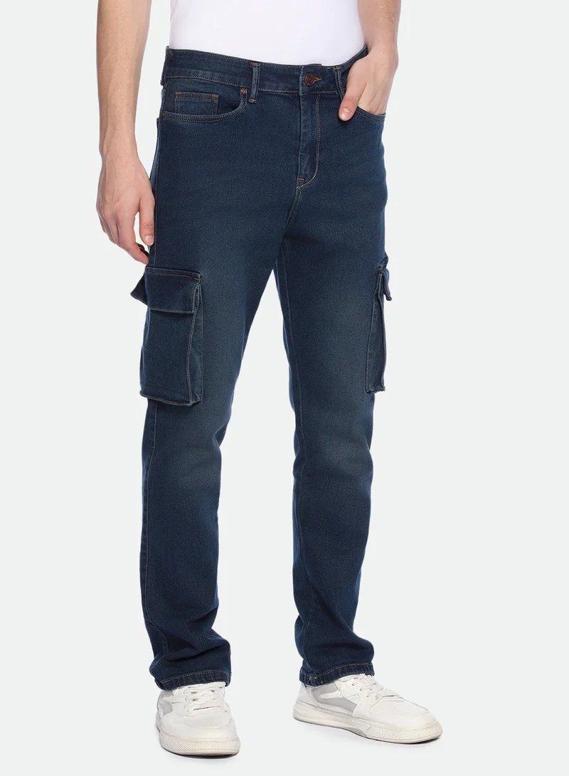 Dennis Lingo Straight Fit Mid Blue Men's Jeans with Button & Zip Closure (Denim)