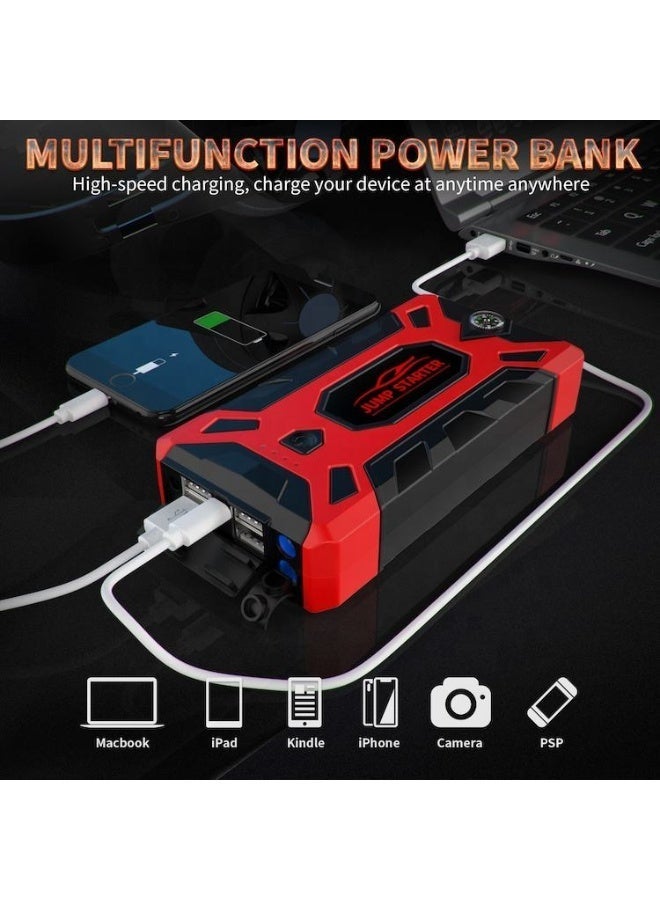 جهاز تشغيل سيارات متعدد الوظائف وعالي الطاقة (باور بانك) مزود بـ 4 منافذ USB، يعمل كشاحن طوارئ وداعم لبطارية السيارة، ويحتوي على بوصلة ومصباح LED مدمجين - مناسب لمركبات الإمارات (اللون: أحمر/أسود) - Image 3