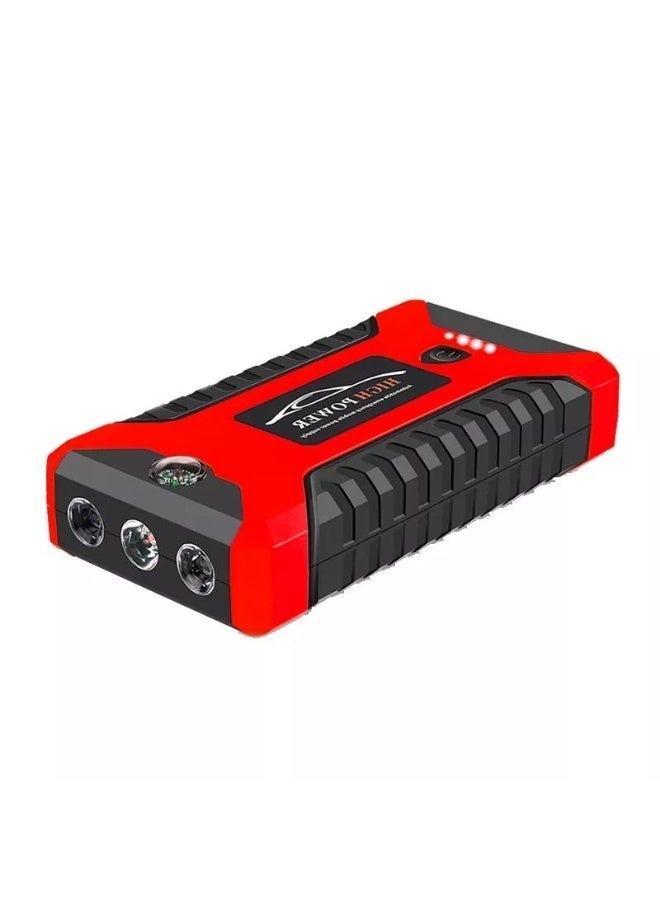 جهاز تشغيل سيارات متعدد الوظائف وعالي الطاقة (باور بانك) مزود بـ 4 منافذ USB، يعمل كشاحن طوارئ وداعم لبطارية السيارة، ويحتوي على بوصلة ومصباح LED مدمجين - مناسب لمركبات الإمارات (اللون: أحمر/أسود) - Image 1