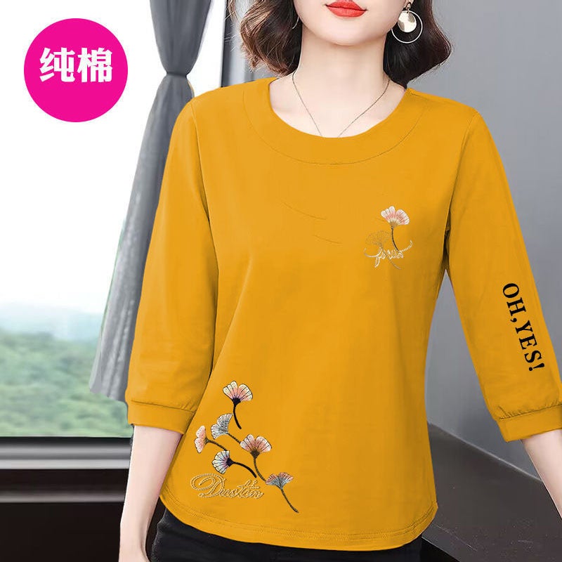 100% Cotton Short-Sleeved Three-Quarter T-Shirt For Women Spring & Fall New Loose And Slim Mother'S Wear Round Neck Versatile Outer Top - Image 5