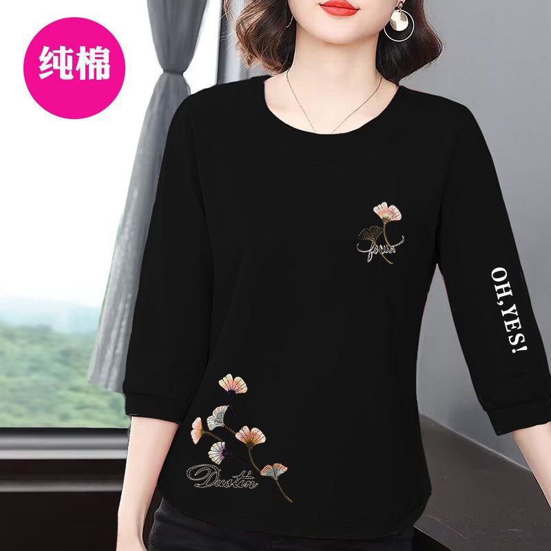 100% Cotton Short-Sleeved Three-Quarter T-Shirt For Women Spring & Fall New Loose And Slim Mother'S Wear Round Neck Versatile Outer Top - Image 3
