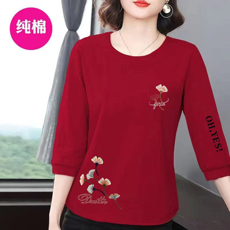 100% Cotton Short-Sleeved Three-Quarter T-Shirt For Women Spring & Fall New Loose And Slim Mother'S Wear Round Neck Versatile Outer Top - Image 4