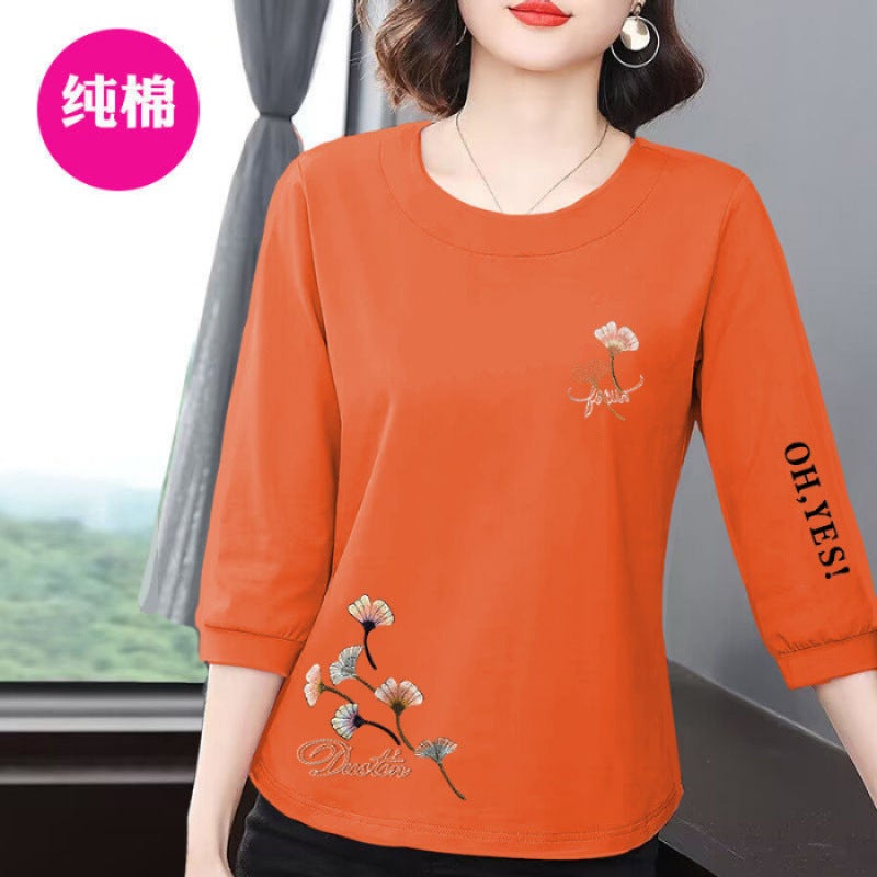 100% Cotton Short-Sleeved Three-Quarter T-Shirt For Women Spring & Fall New Loose And Slim Mother'S Wear Round Neck Versatile Outer Top - Image 1
