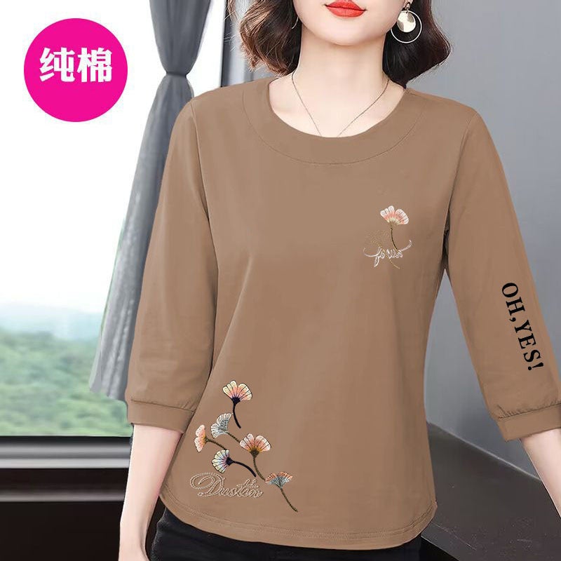 100% Cotton Short-Sleeved Three-Quarter T-Shirt For Women Spring & Fall New Loose And Slim Mother'S Wear Round Neck Versatile Outer Top - Image 2
