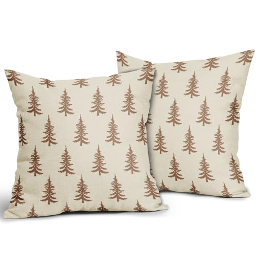 Aytipun Christmas Tree Pillow Covers 18x18 Set of 2 Brown Xmas Rustic Style Winter Print Decorative Outdoor Pillowcases Farmhouse Holiday Throw Cushion Case Decor for Couch Sofa Bed - Image 3