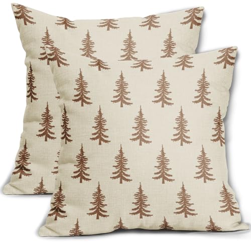 Aytipun Christmas Tree Pillow Covers 18x18 Set of 2 Brown Xmas Rustic Style Winter Print Decorative Outdoor Pillowcases Farmhouse Holiday Throw Cushion Case Decor for Couch Sofa Bed - Image 1