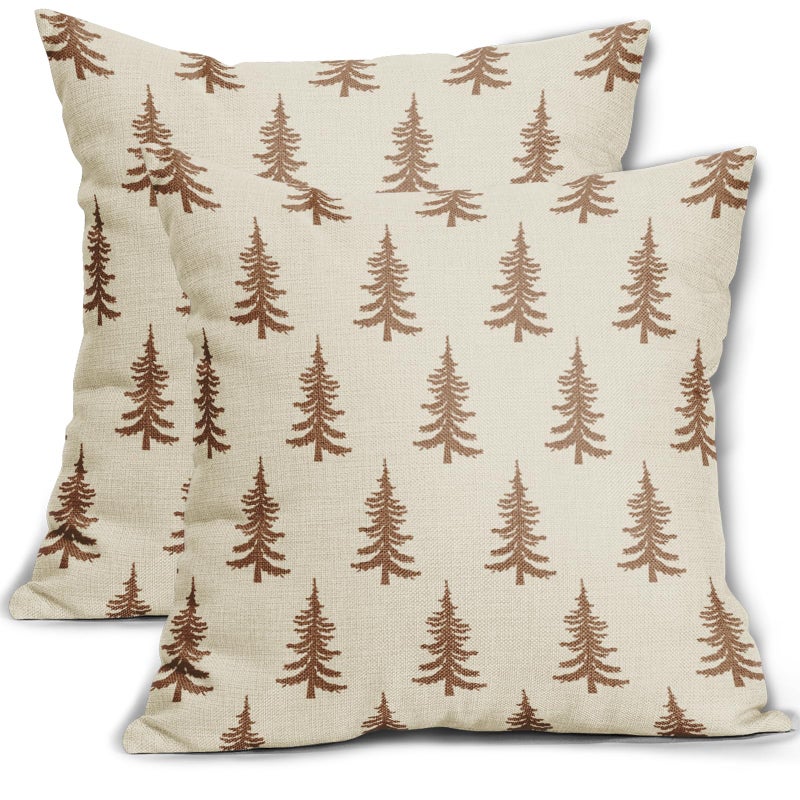 Aytipun Christmas Tree Pillow Covers 18x18 Set of 2 Brown Xmas Rustic Style Winter Print Decorative Outdoor Pillowcases Farmhouse Holiday Throw Cushion Case Decor for Couch Sofa Bed - Image 2